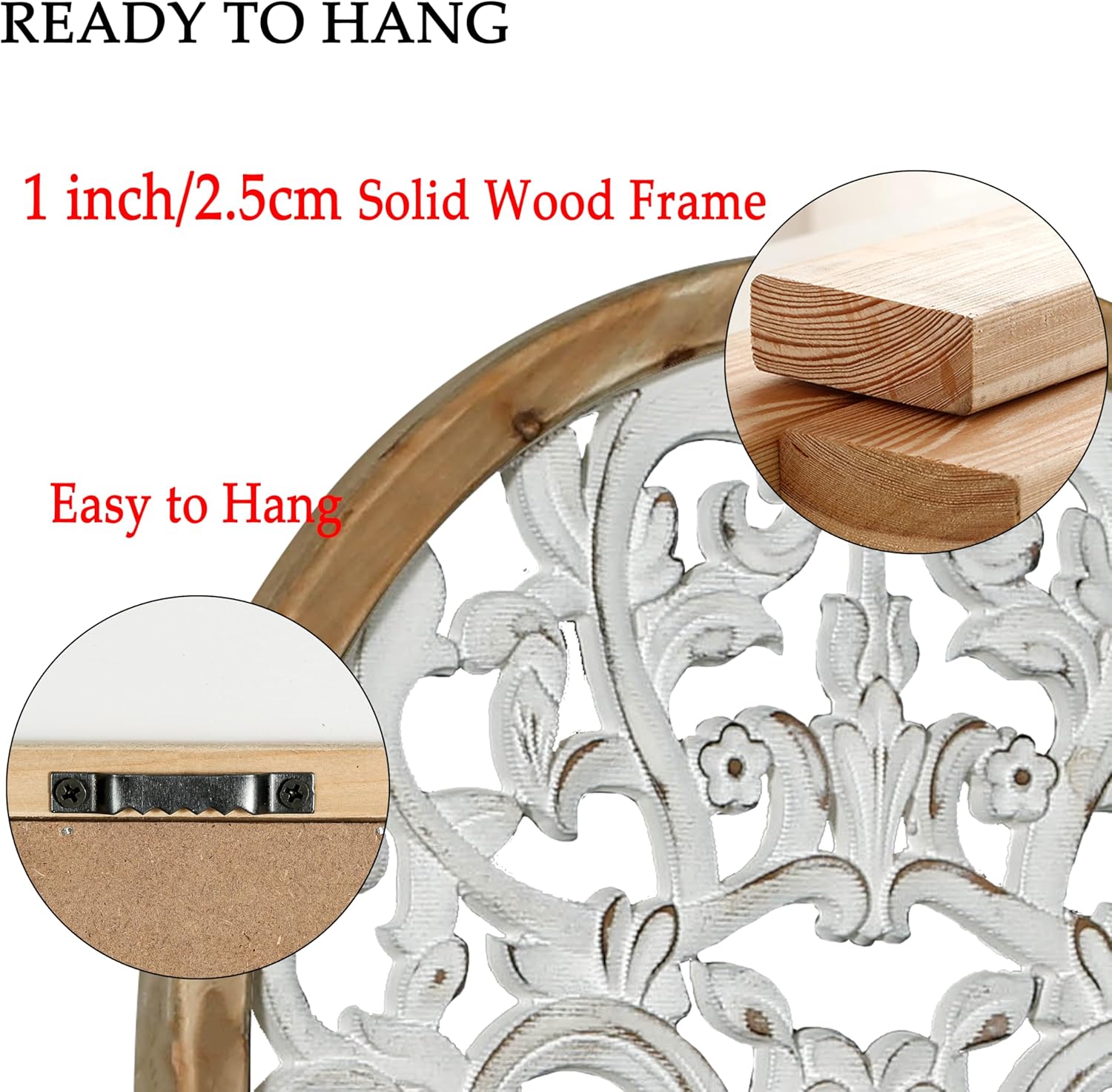 WREVERW Rustic Boho Arched Wood Wall Art, Hand-Carved Floral Panel with Distressed White Finish, Vintage Farmhouse Decorative Hanging Sculpture for Living Room Bedroom Hallway, 15" x 31"