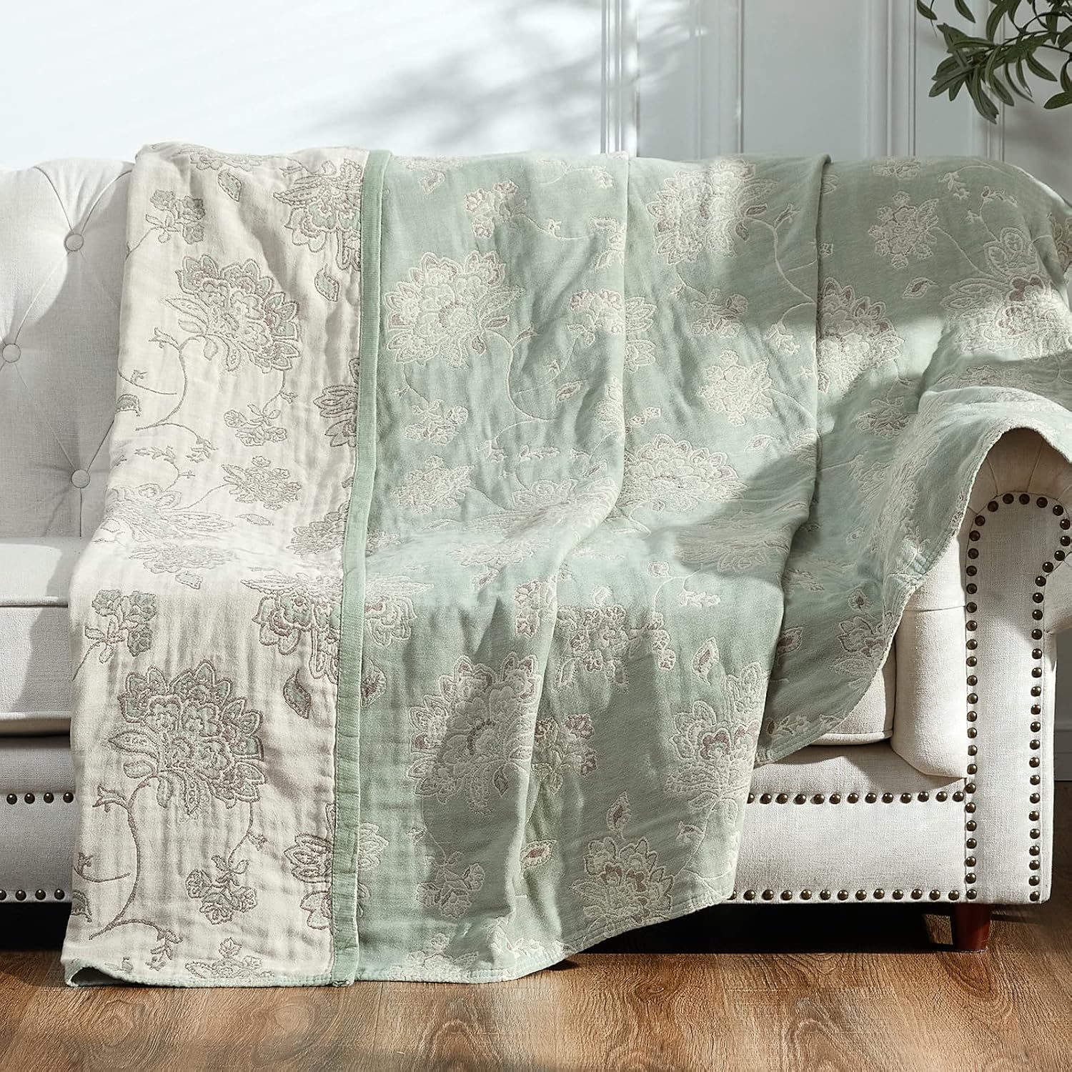 JINCHAN Boho Floral 100% Cotton Blanket 4-Layer Throw Blanket with Tassel Taupe and White Flower Butterfly Soft Luxury Rustic Farmhouse Decor Blanket for Couch Bed 60x80 inch All Season gift for women