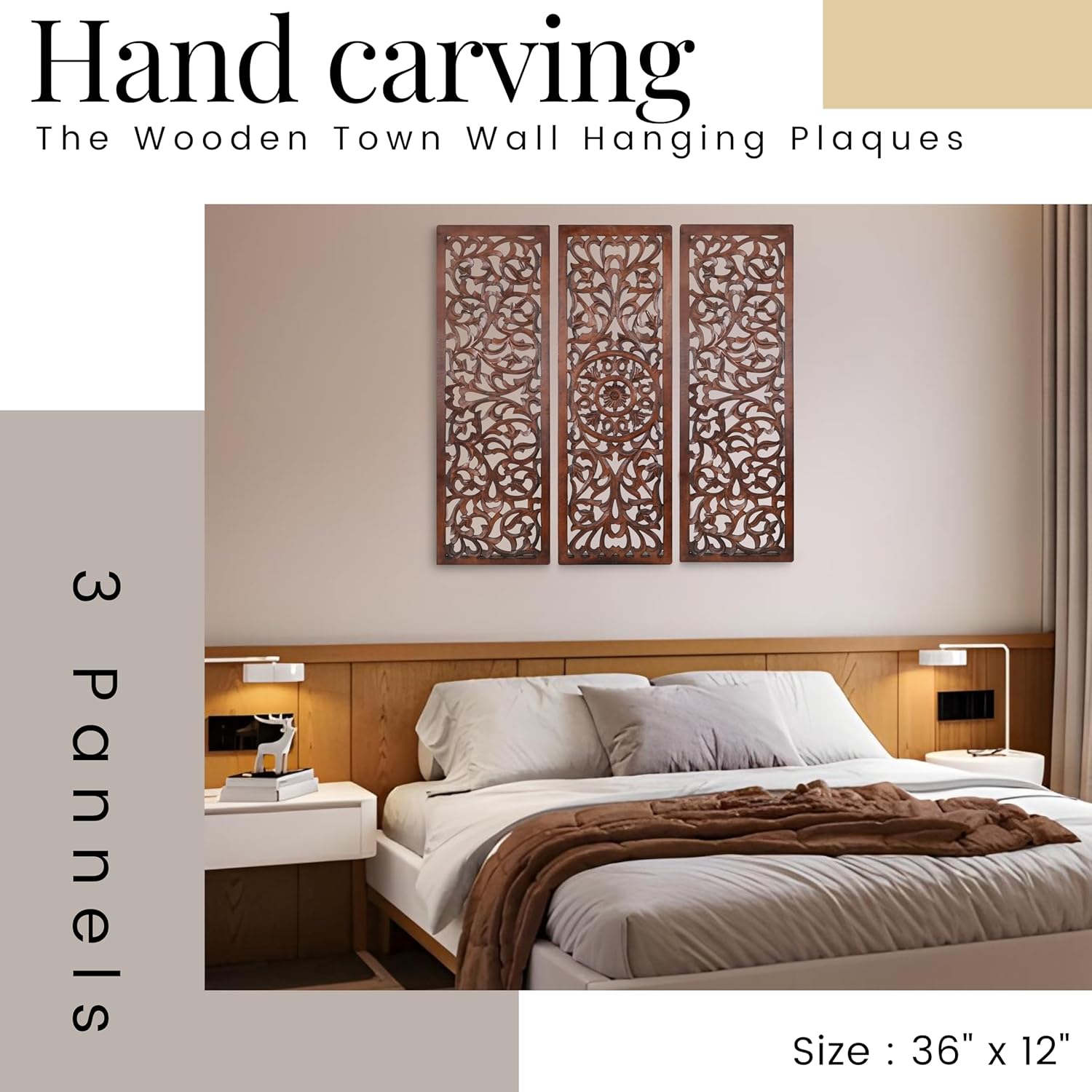 The Wooden Town Wall Hanging Plaques - Wall Plaque Wall Décor Plaques Set of 3-36 x 12 Inch - Burnt, Elegant Sculpture Wall Décor Panel to Enhance the Décor of Your Room or Office