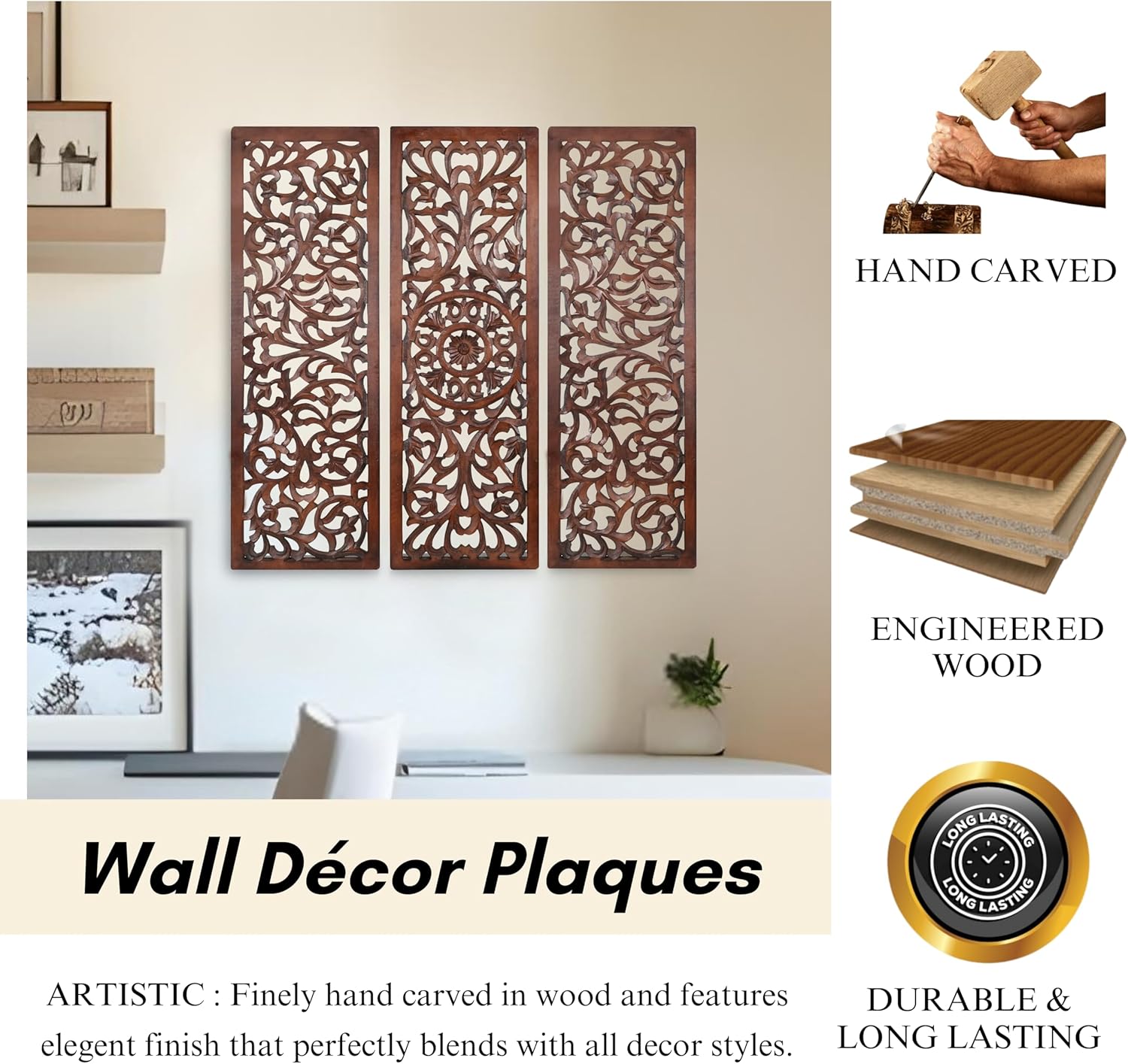 The Wooden Town Wall Hanging Plaques - Wall Plaque Wall Décor Plaques Set of 3-36 x 12 Inch - Burnt, Elegant Sculpture Wall Décor Panel to Enhance the Décor of Your Room or Office