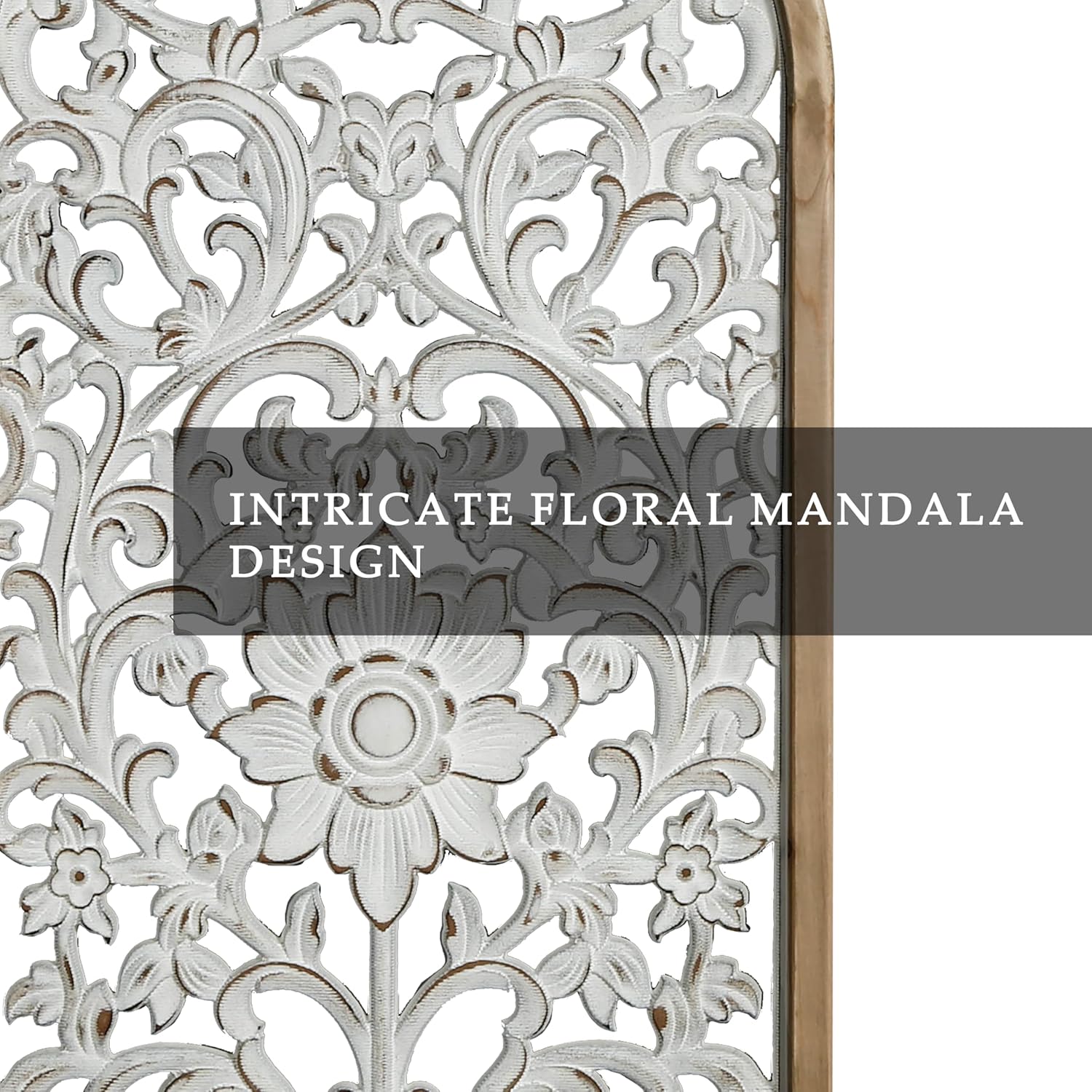 WREVERW Rustic Boho Arched Wood Wall Art, Hand-Carved Floral Panel with Distressed White Finish, Vintage Farmhouse Decorative Hanging Sculpture for Living Room Bedroom Hallway, 15" x 31"