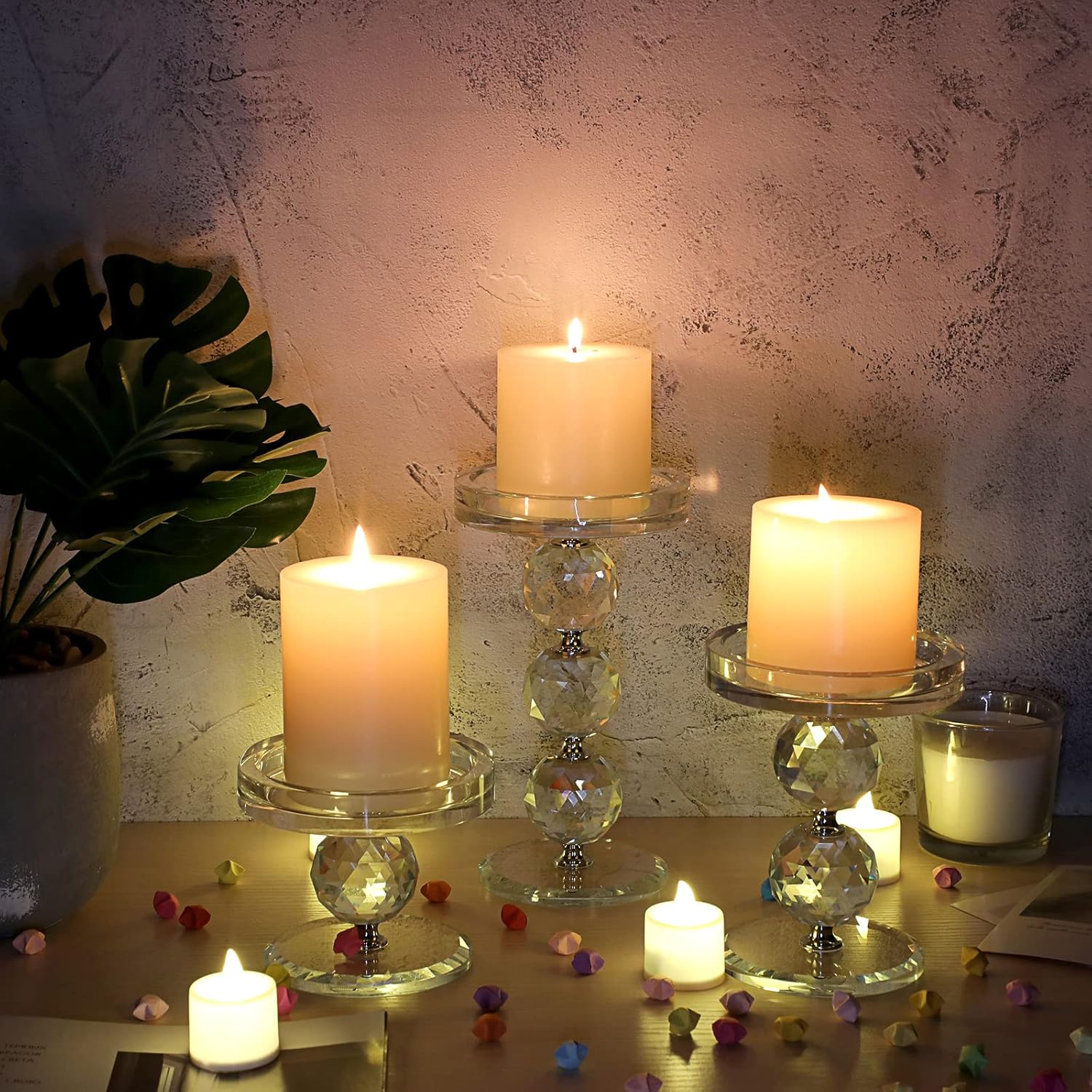 OwnMy Set of 3 Crystal Glass Pillar Candlestick Holders Clear Pillar Candle Holders Sets, Tealight Votive Candle Stands Modern Candle Centerpiece for Living Room Wedding Decor