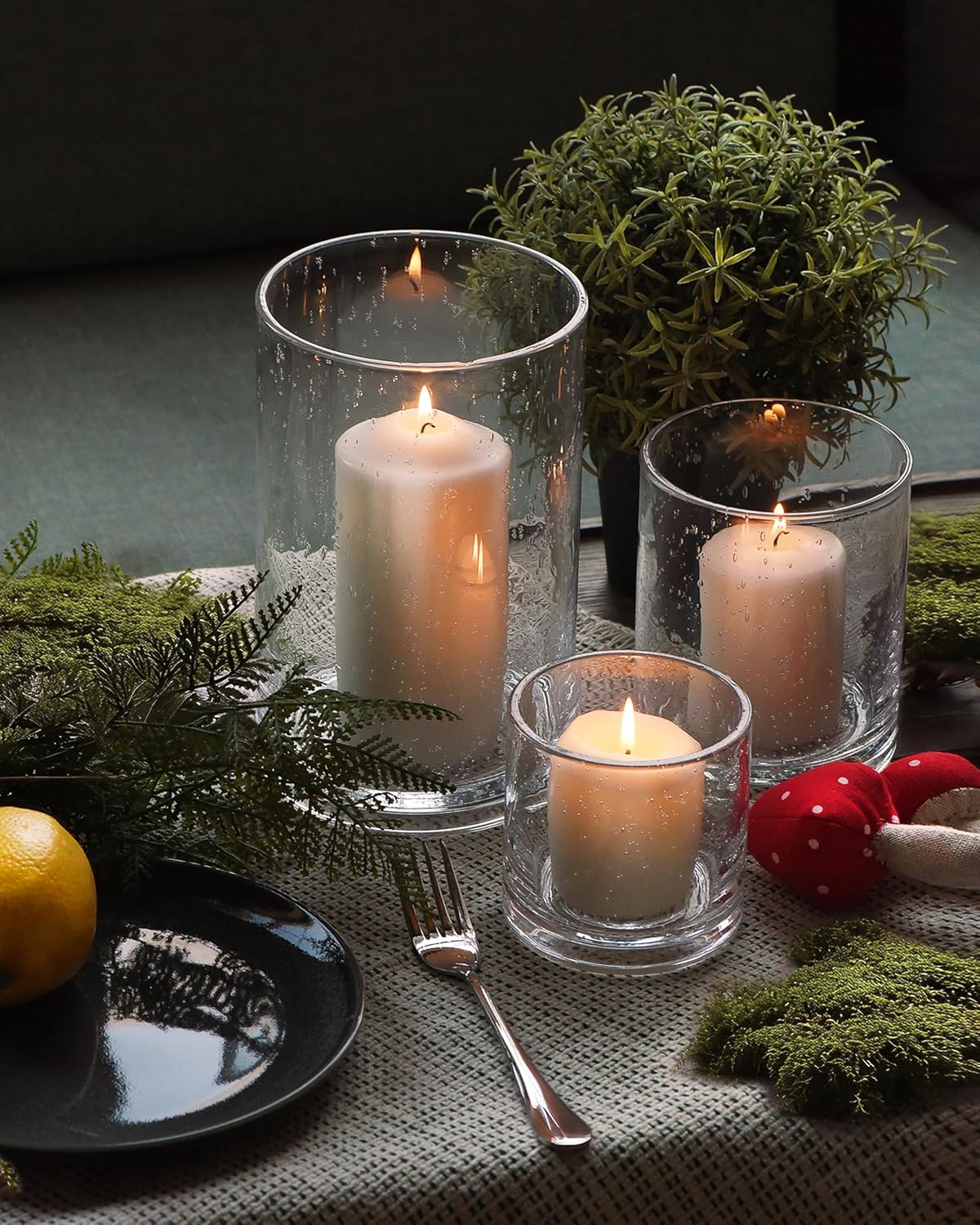 ARIAMOTION Hurricane Glass Candle Holders Set, Pillar Votive,Clear Seeded Bubbles Cylinder Vase,Modern Rustic Table Centerpieces Bulk, 3 Sizes 8 Inch 5 Inch 3.5 Inch Height