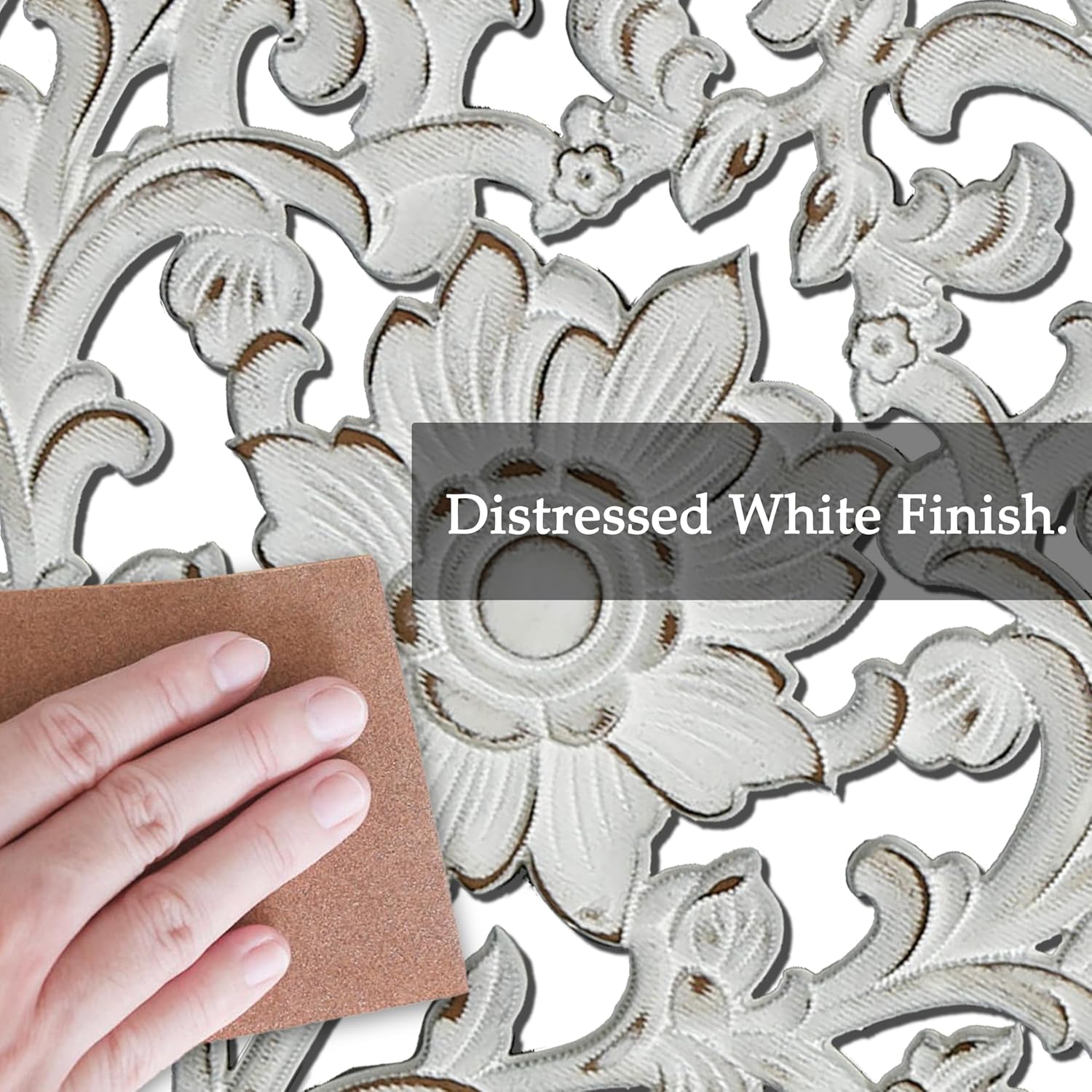 WREVERW Rustic Boho Arched Wood Wall Art, Hand-Carved Floral Panel with Distressed White Finish, Vintage Farmhouse Decorative Hanging Sculpture for Living Room Bedroom Hallway, 15" x 31"