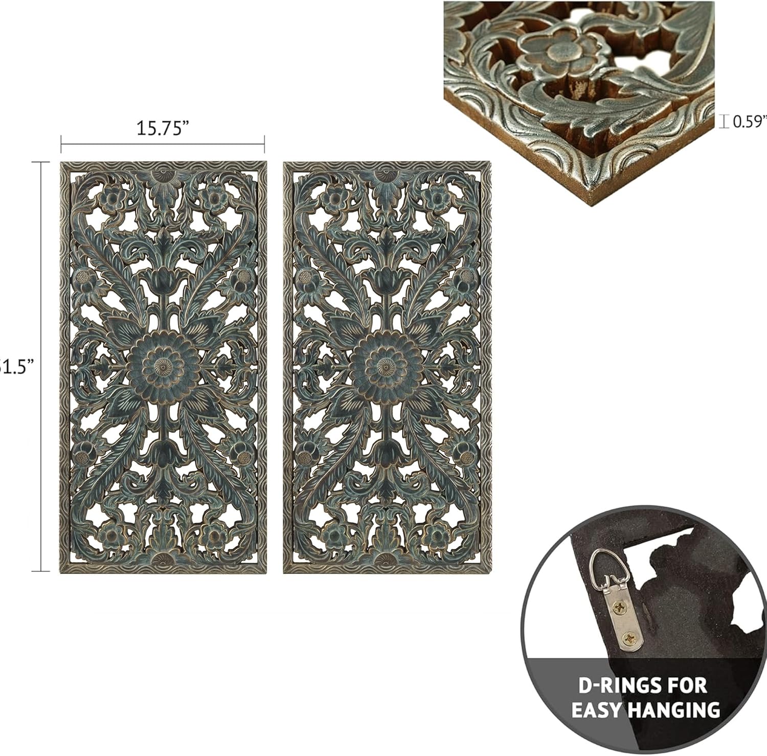 Madison Park Wall Art Living Room Décor - Floral Antiqued Wooden Carving Wall Decor Panel, Copper Embellished, Ready to Hang Wall Decor for Bedroom, 15.75"W x 31.5"L x 0.59"D, Patina Blue, 2 Piece