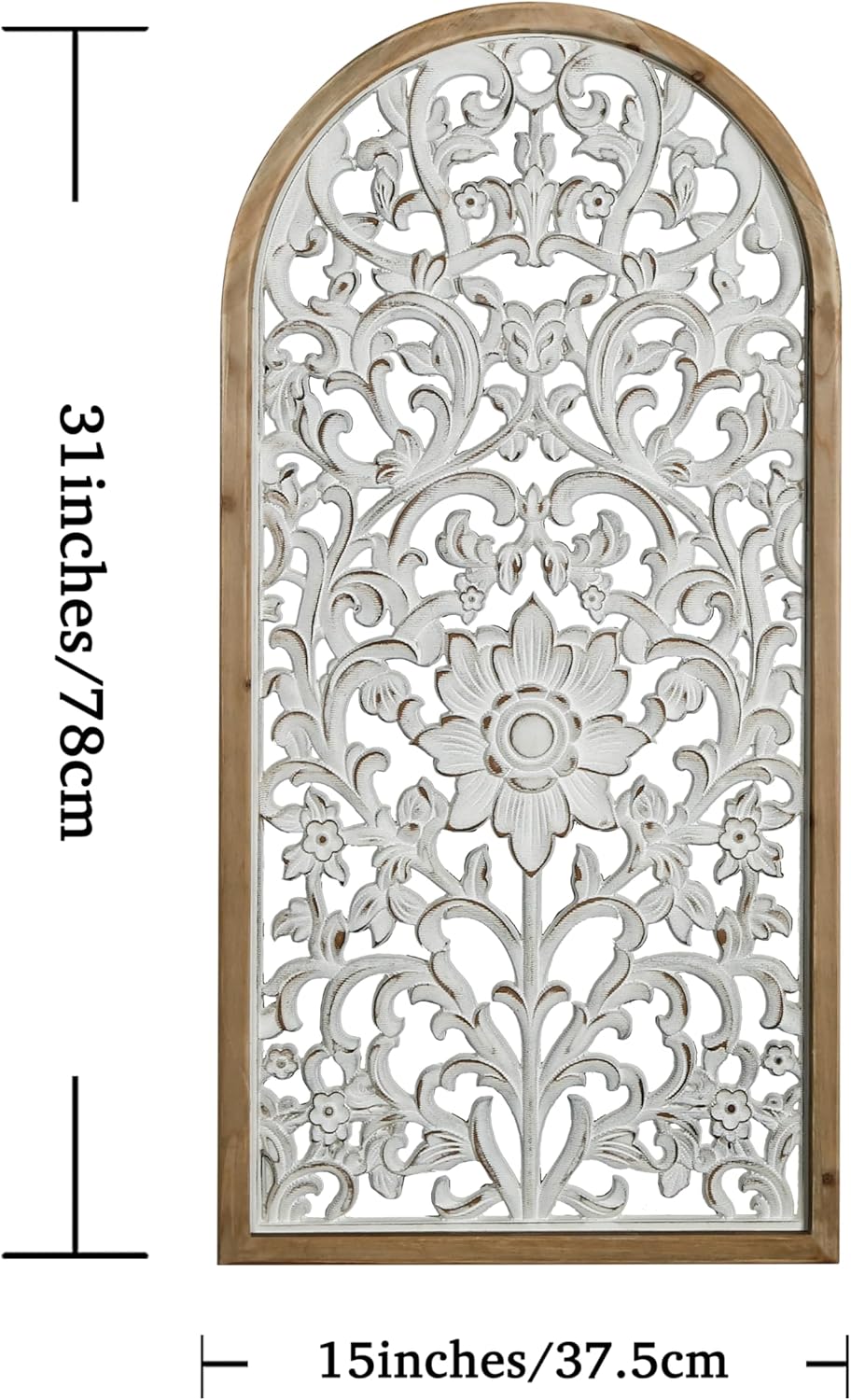 WREVERW Rustic Boho Arched Wood Wall Art, Hand-Carved Floral Panel with Distressed White Finish, Vintage Farmhouse Decorative Hanging Sculpture for Living Room Bedroom Hallway, 15" x 31"