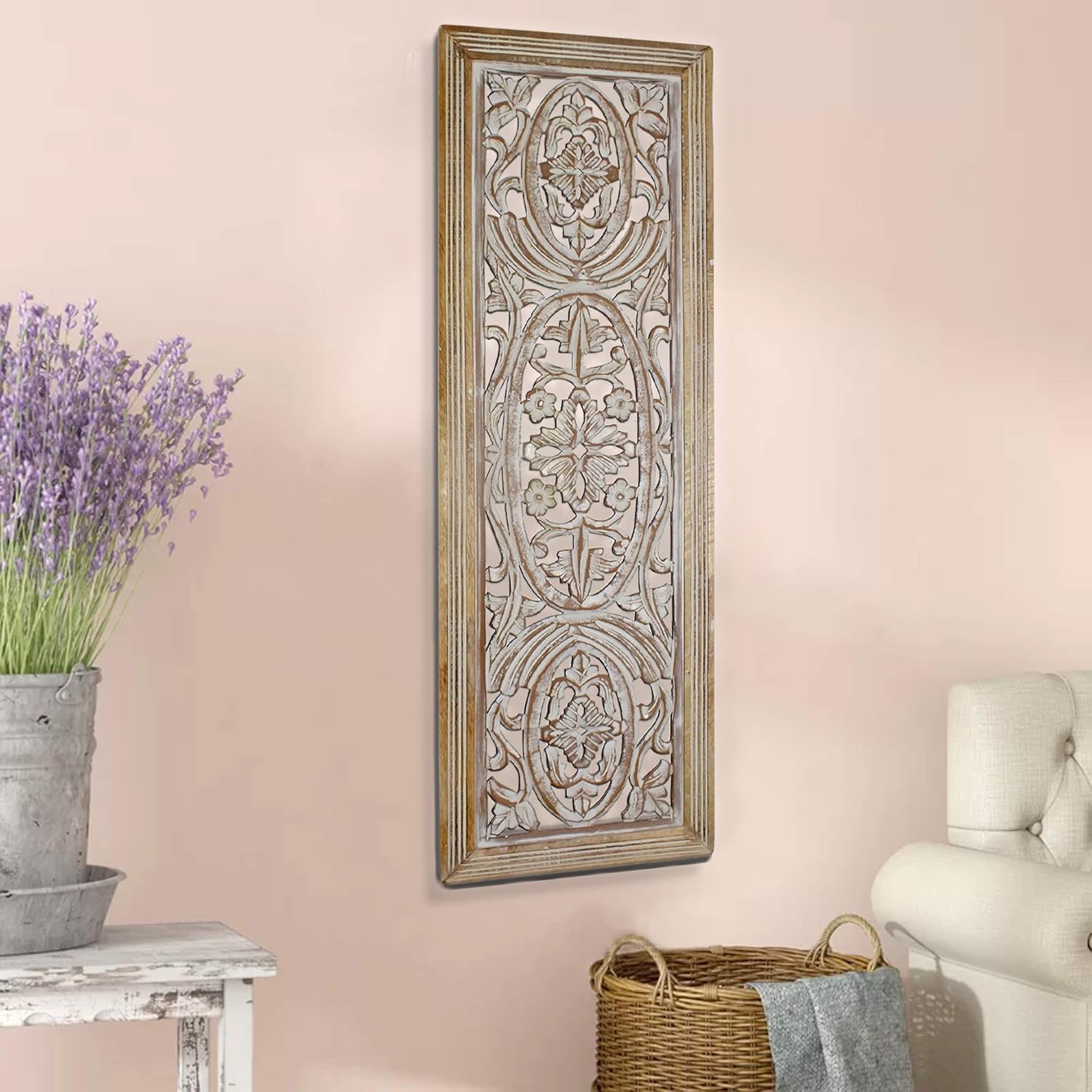 Benzara BM01908 Rectangular Mango Wood Wall Panel Hand Crafted with Intricate Carving, White and Brown