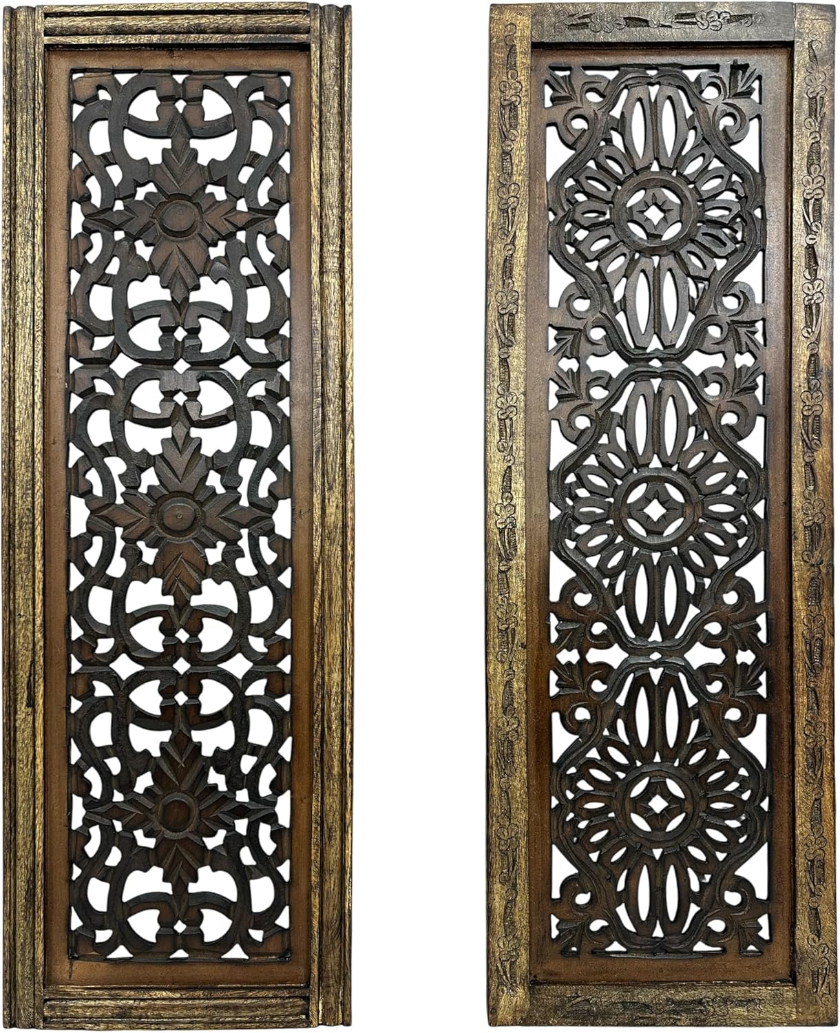TUP The Urban Port Floral Hand Carved Wooden Wall Panels, Assortment of Two, Rustic Brown