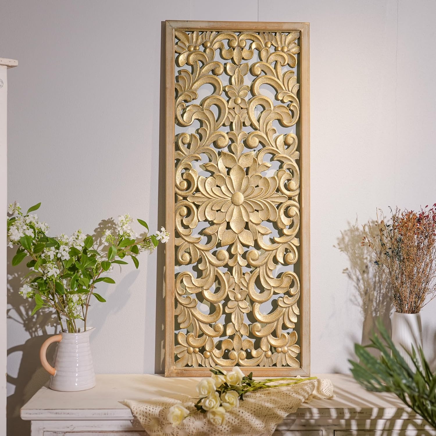 WREVERW Rustic Boho Arched Wood Wall Art, Hand-Carved Floral Panel with Distressed White Finish, Vintage Farmhouse Decorative Hanging Sculpture for Living Room Bedroom Hallway, 15" x 31"