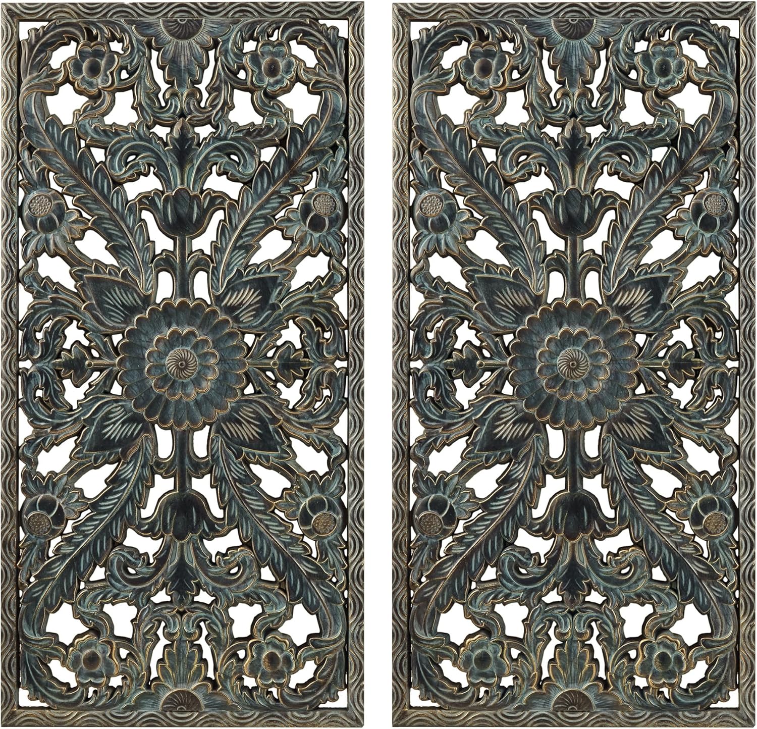 Madison Park Wall Art Living Room Décor - Floral Antiqued Wooden Carving Wall Decor Panel, Copper Embellished, Ready to Hang Wall Decor for Bedroom, 15.75"W x 31.5"L x 0.59"D, Patina Blue, 2 Piece