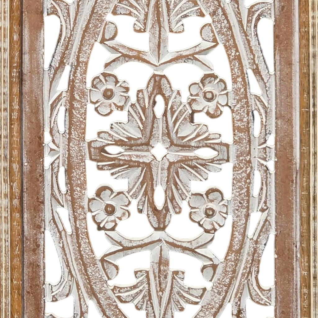 Benzara BM01908 Rectangular Mango Wood Wall Panel Hand Crafted with Intricate Carving, White and Brown